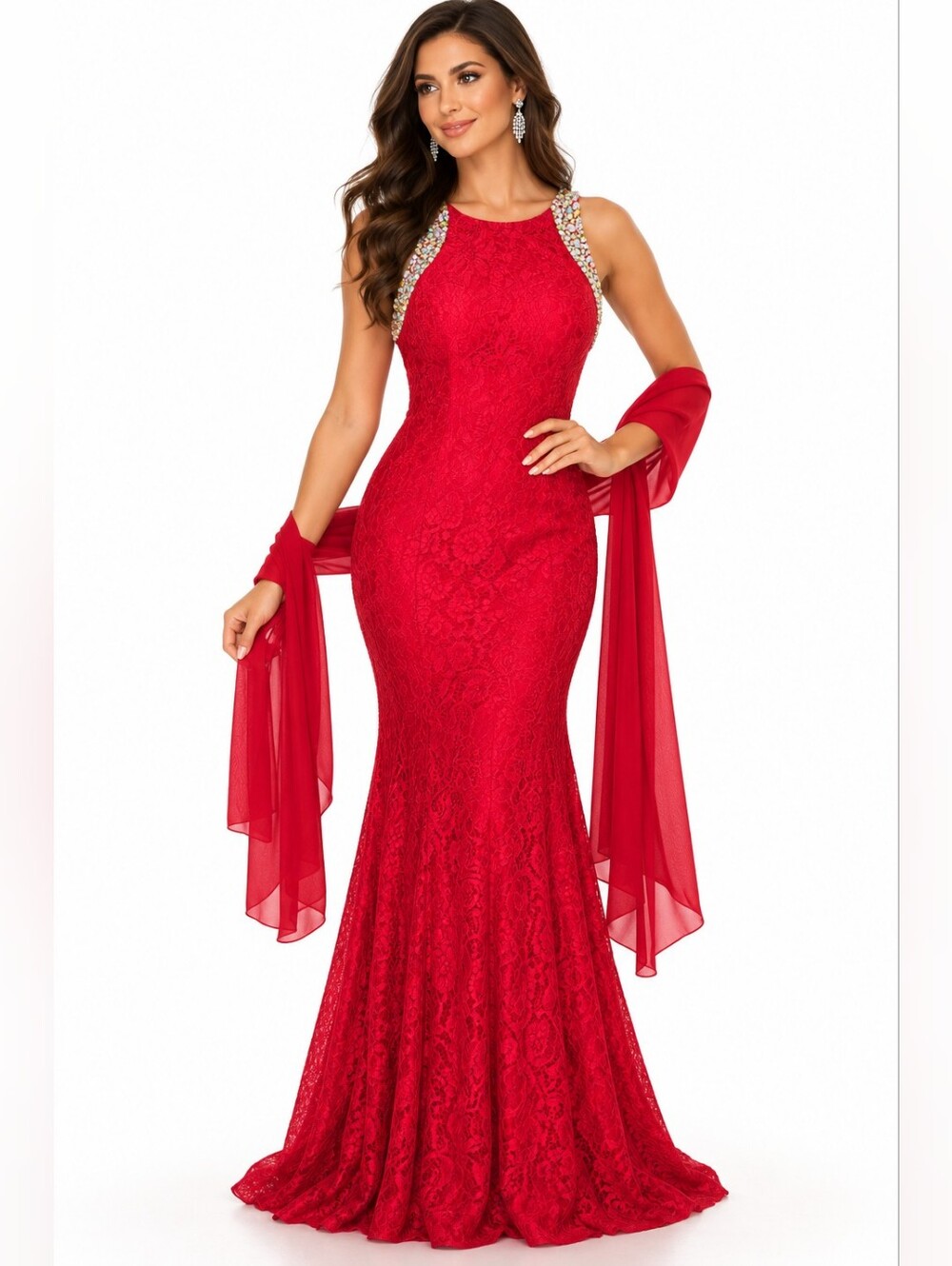 Cindy Womens L Candy Apple Red Lace Rhinestone Formal Mermaid Gown Dress Scarf